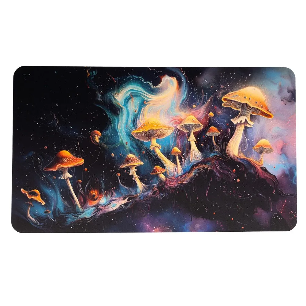 Psychedelic Nebula Mushrooms TCG Playmat Fantasy Magic Fungi Cosmic Swirl Art Premium Rubber Large Gaming Desk Mat Whimsical