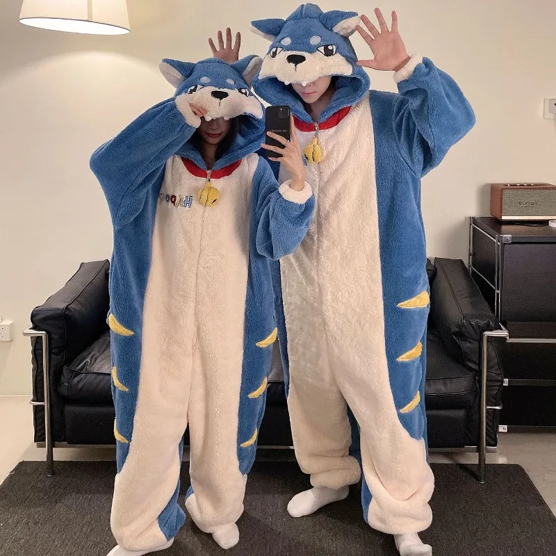 

Winter Women's Sleepwear Cartoon Wolf Kigurumi Animal Hooded Lovely Playful Pajamas Couple Femme Men Zipper Hooded Robe Homewear