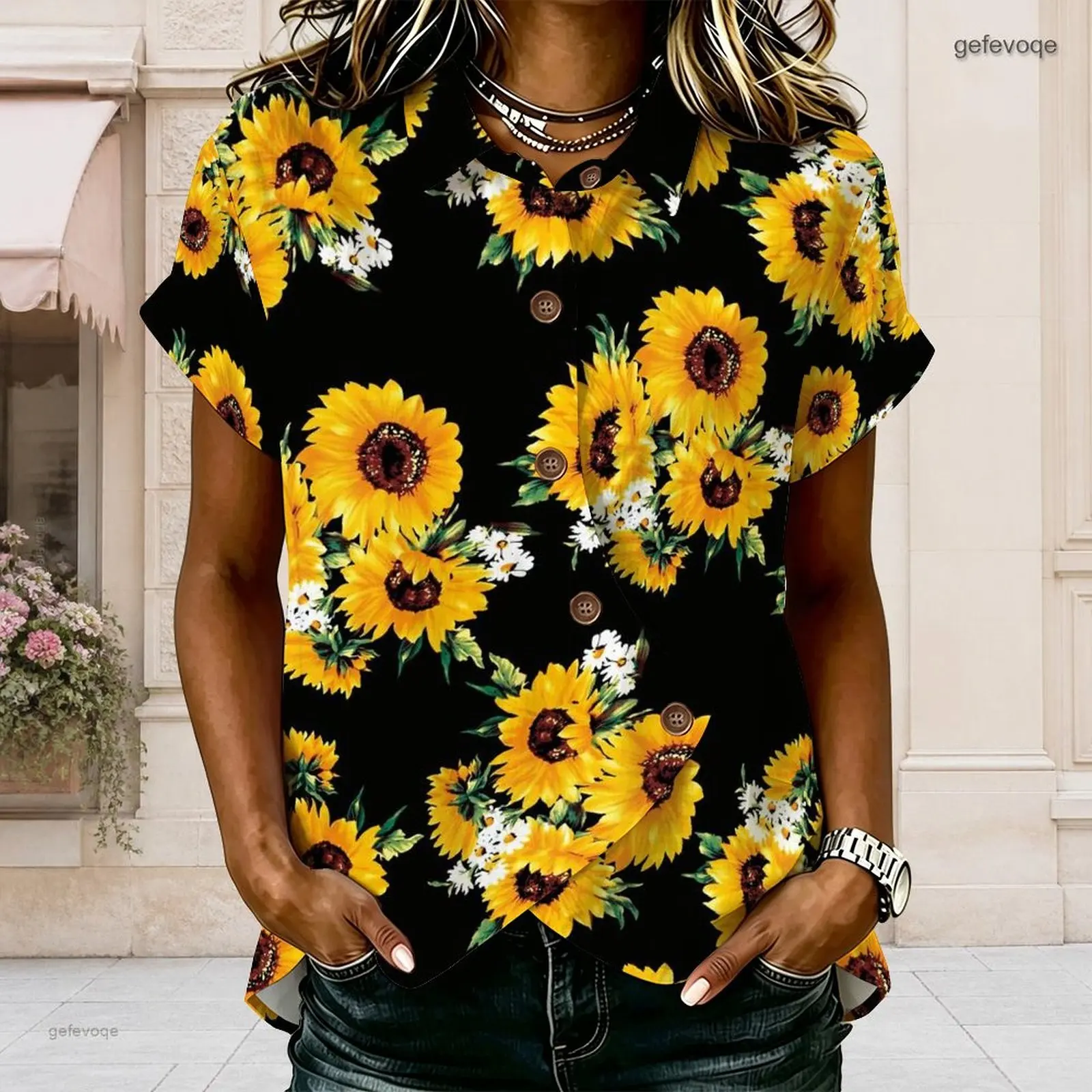 Women Black Neon Rainbow Paint Splatter Print Short Sleeve Collared Button Front Shirt