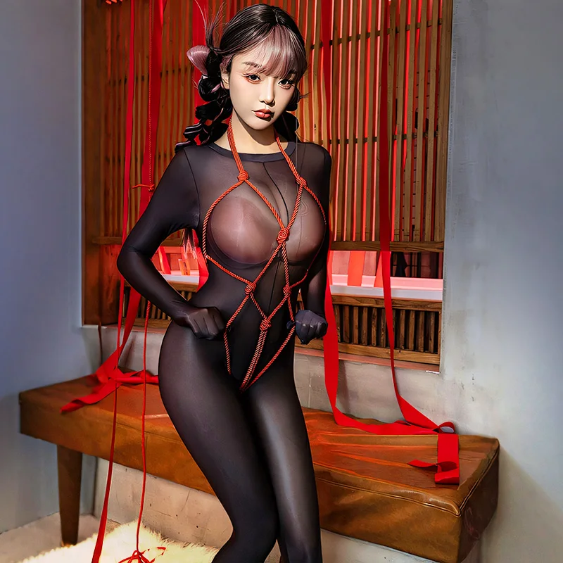 Hot Sexy See Through Bodysuit Women Oil Shiny Open Crotch Jumpsuits Bodycon Erotic Lingerie Adult Bdsm Bondage Sex Porn Costumes