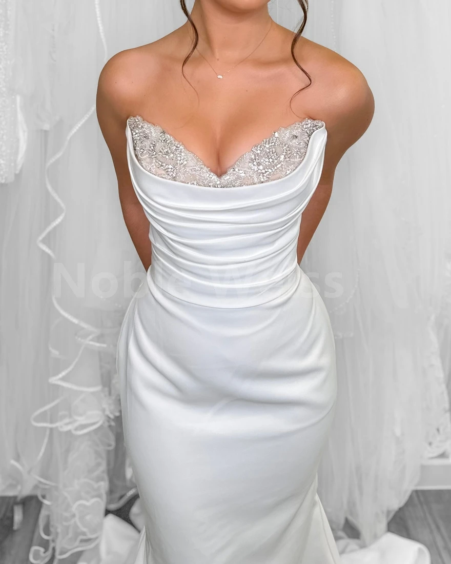 Elegante cetim varredura trem beading vestidos de casamento vestido de noiva feito sob encomenda