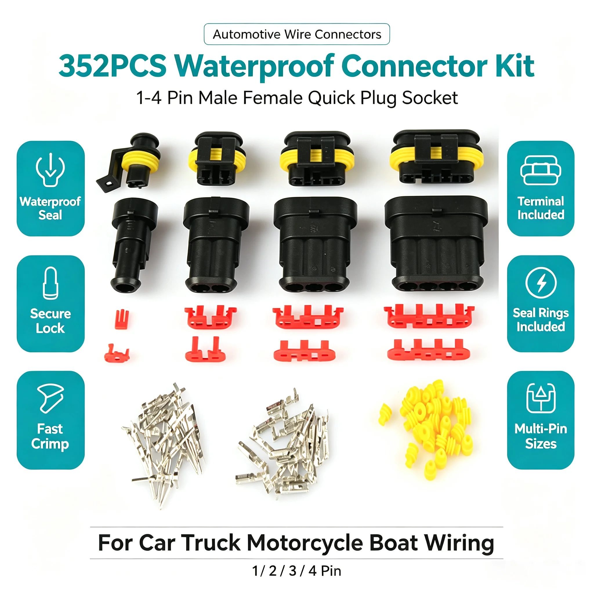 352-teiliges IP68 wasserdichtes elektrisches Steckverbinder-Set – 1/2/3/4-polige Stecker und Buchsen für Auto, Motorrad, LKW