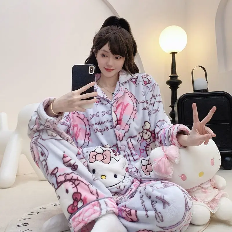 Kawaii Hello Kitty Long-Sleeved Tops Pajamas Girls Coral Velvet Pajamas Plus Velvet Thickened Flannel Sweet Casual Home Clothes