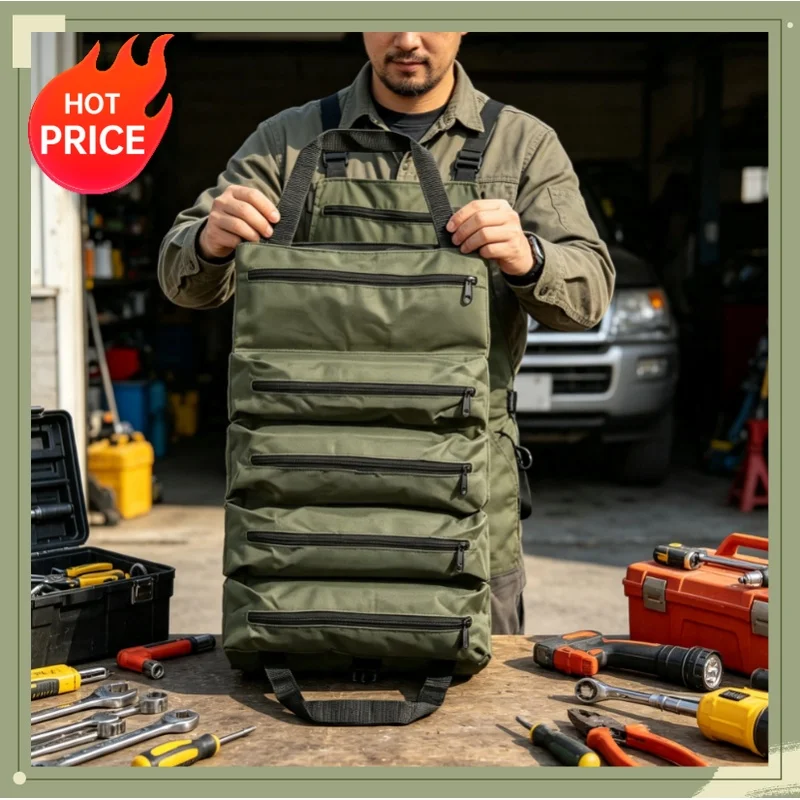 1pc Multi-Purpose Canvas Roll Tool Bag Car Tool Organizer First Aid Kit Storage Wrap Heavy Duty Portable Multiple Zipper Pockets