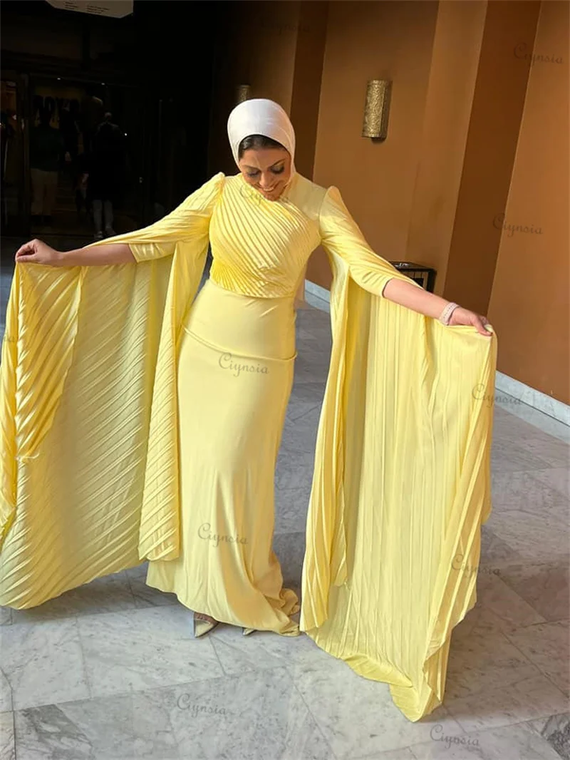 Ciynsia Simple Yellow Hijab Evening Gowns Chiffon Pleated Prom Dresses Long vestidos de mujer elegantes para fiesta boda