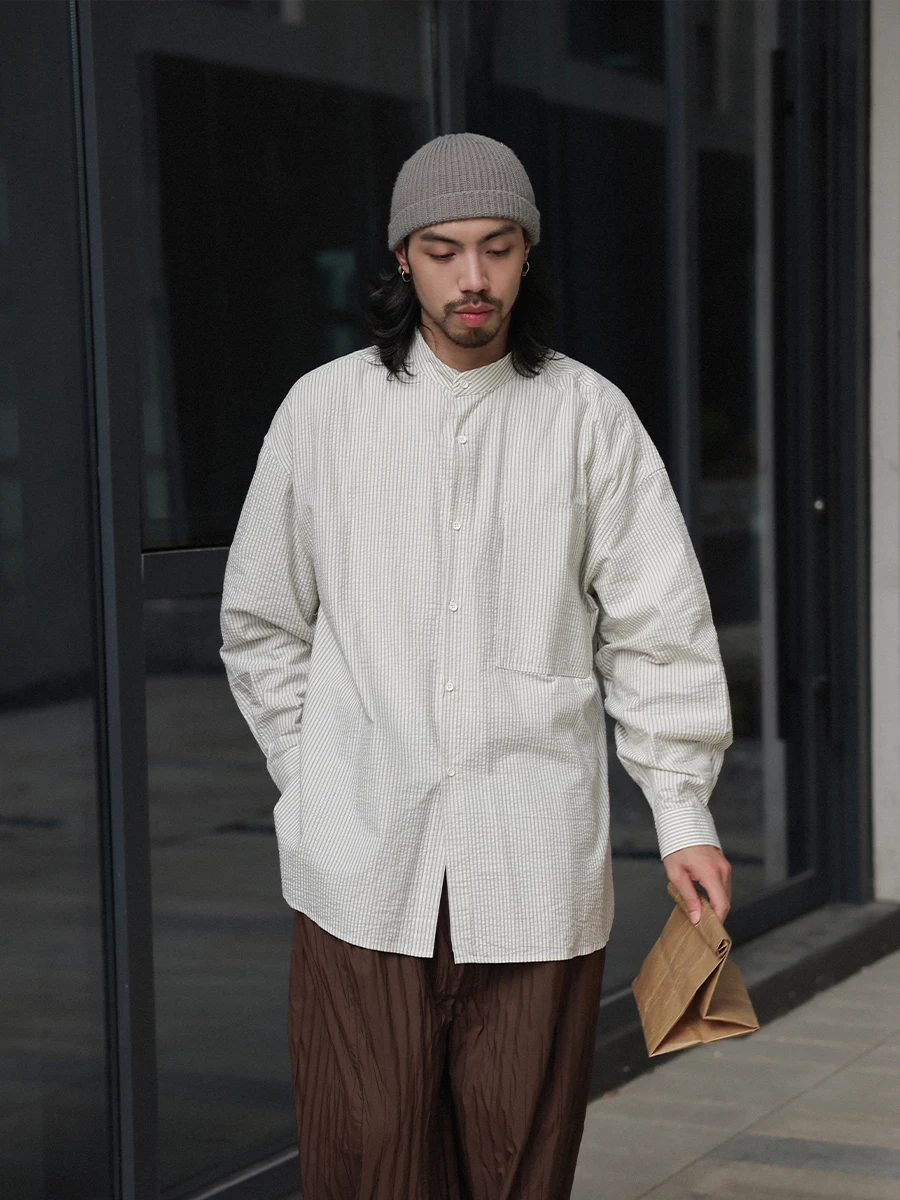 

Рубашка Noears весна-осень, белая в полоску, средней длины, с длинным рукавом, в японском стиле, с воротником-стойкой, в стиле ретро, с нашивками