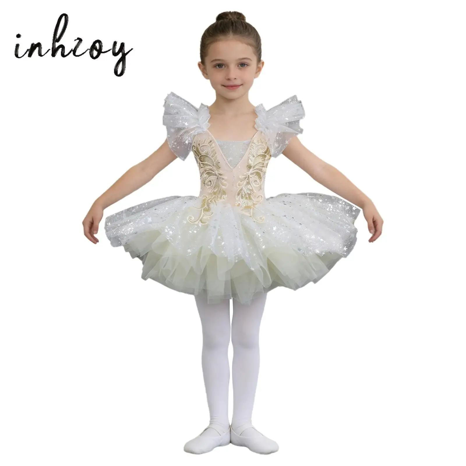 

Kids Girls Ballet Dance Performance Outfit Ruffle Flower Sequin Bodice Sparkly Butterfly Tulle Tutu Dress with Bow and Cuffs
