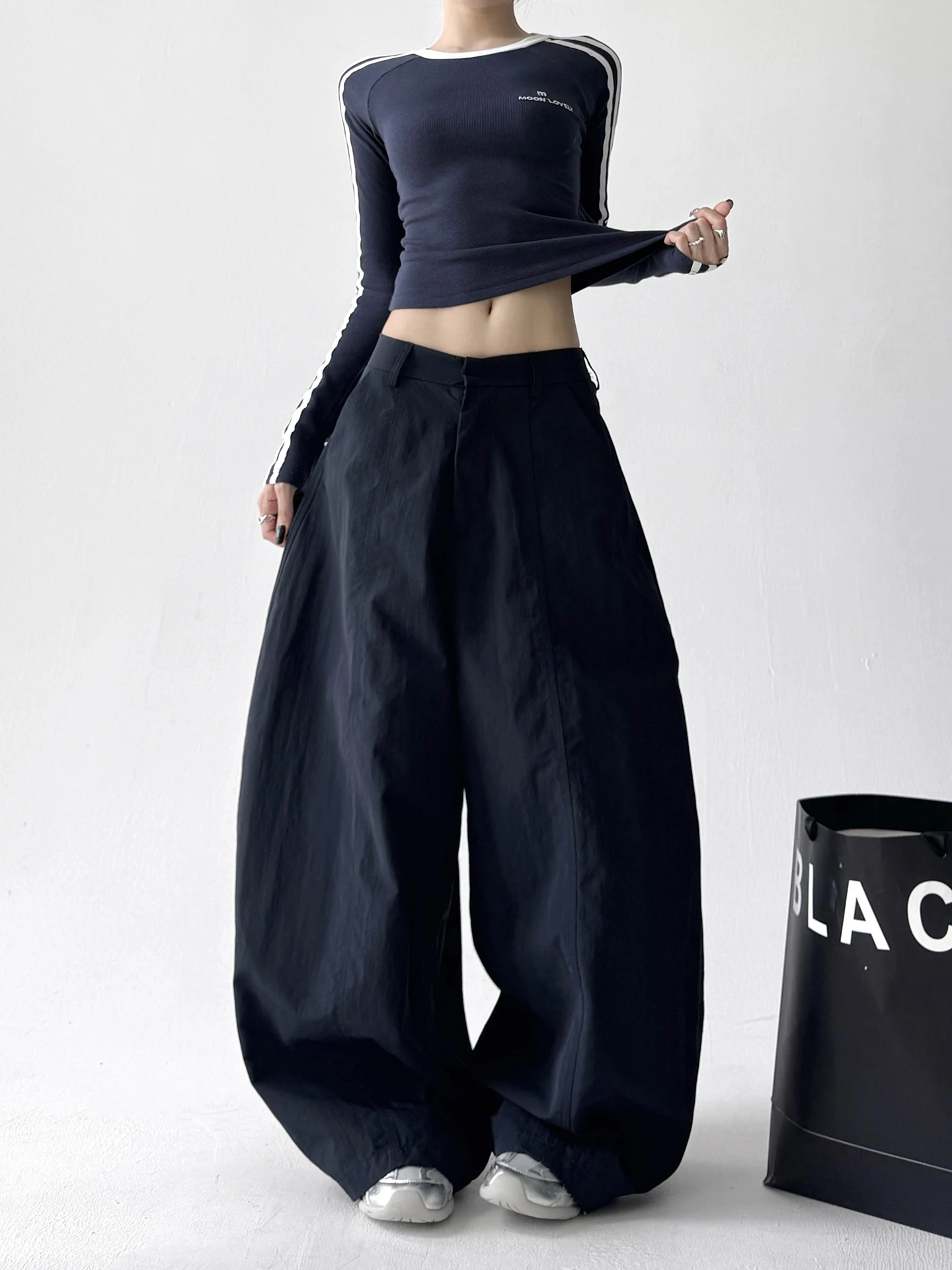 Pantaloni da lavoro casual larghi Pantaloni sportivi casual da ballo a vita alta da donna a gamba dritta larghi in blu royal per l'autunno