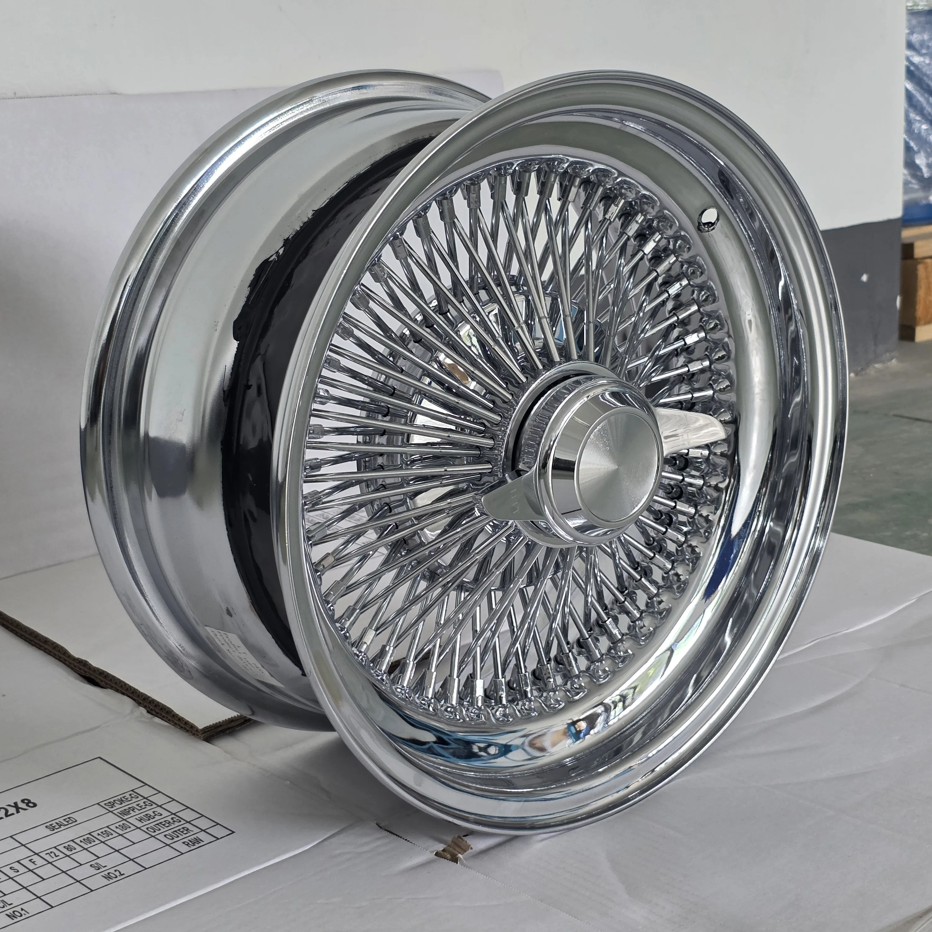 New 15-Inch Straight Lace Wire Wheel With 100 Spokes Standard Type Chrome Steel Rim 15X7J Includes Caps And Adapters