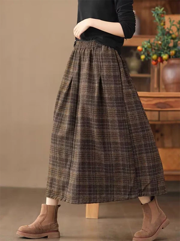 

Heavyweight Wool Plaid Skirt Mid-Length A-Line Skirt Artistic Sle High Waist Casual Wear Color Woven Fall Winter Skirt
