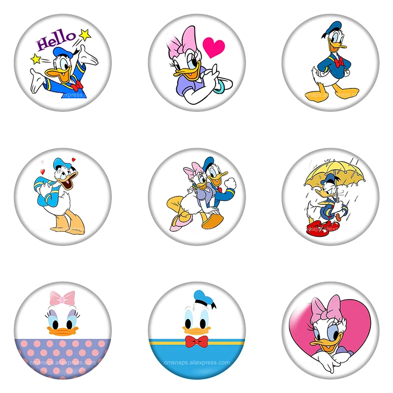 Cute Donald Daisy Duck Cartoon Funny 10pcs Round 12mm/18mm/20mm Photo Glass Cabochon Flat Back Making Findings for Necklace