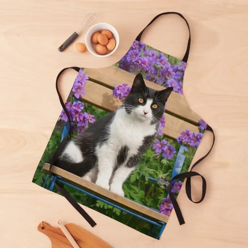 Tuxedo cat sitting on a garden chair Apron kitchen gadgets barber uniform Woman Kitchen Apron