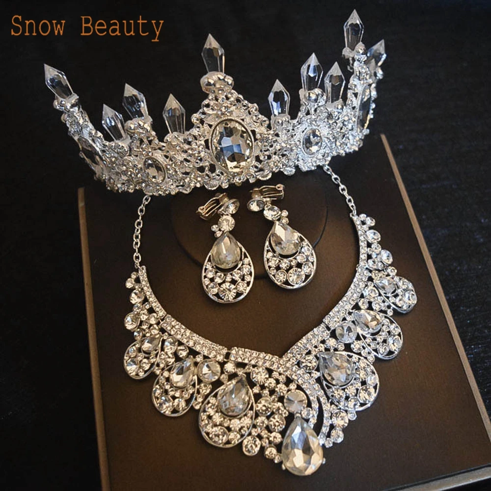 

A47 Wedding Tiaras and Crowns Bridal Hair Jewelry Set Crystal Women Tiara Earring Necklace Set Wedding Headwear Bride Headpiece