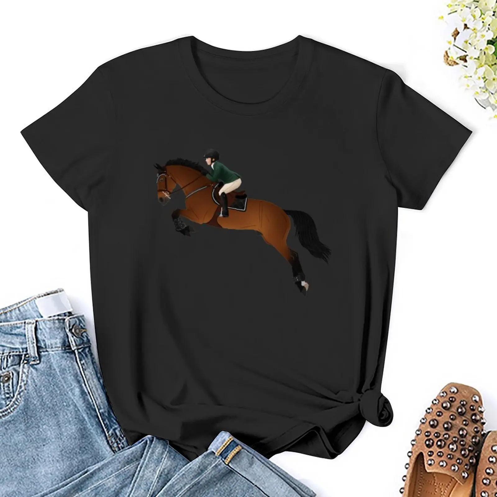 Bay Warmblood Jumper and Rider - Equine Rampaige T-Shirt oversized funnys t-shirts for Women loose fit