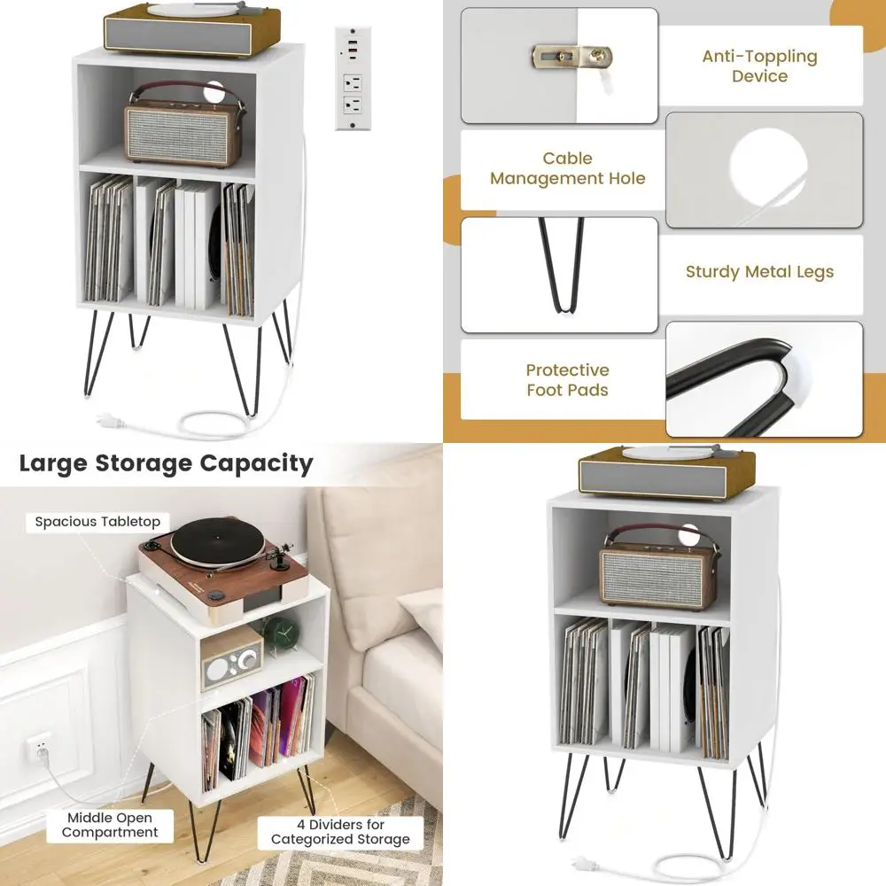 منضدة تخزين وسجلات الفينيل والشحن مع ميزات القرص الدوار والطاولة الجانبية