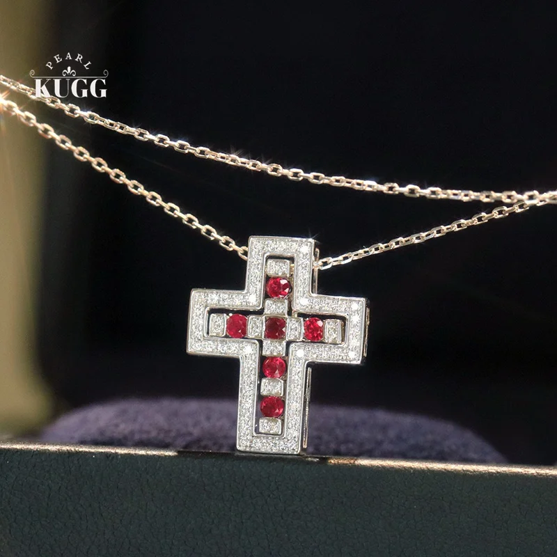 

KUGG 100% 18-каратное белое золото, ожерелье из настоящего натурального бриллианта/рубина, модное ожерелье с подвеской в виде креста для женщин, ювелирные изделия для высокой вечеринки