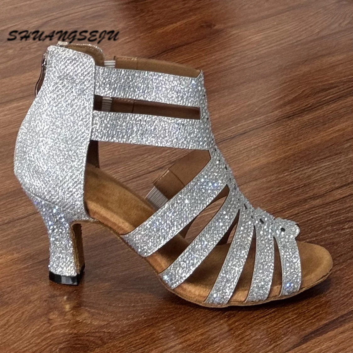 SHUANGSEJU2026 New silver Rhine stone professional women's Latin dance shoes with medium high heels and soft soles for social da