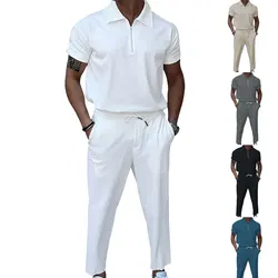 Conjunto de ropa de estilo europeo para hombre, camiseta y pantalones de solapa de Color sólido, talla grande, primavera y verano, 2024