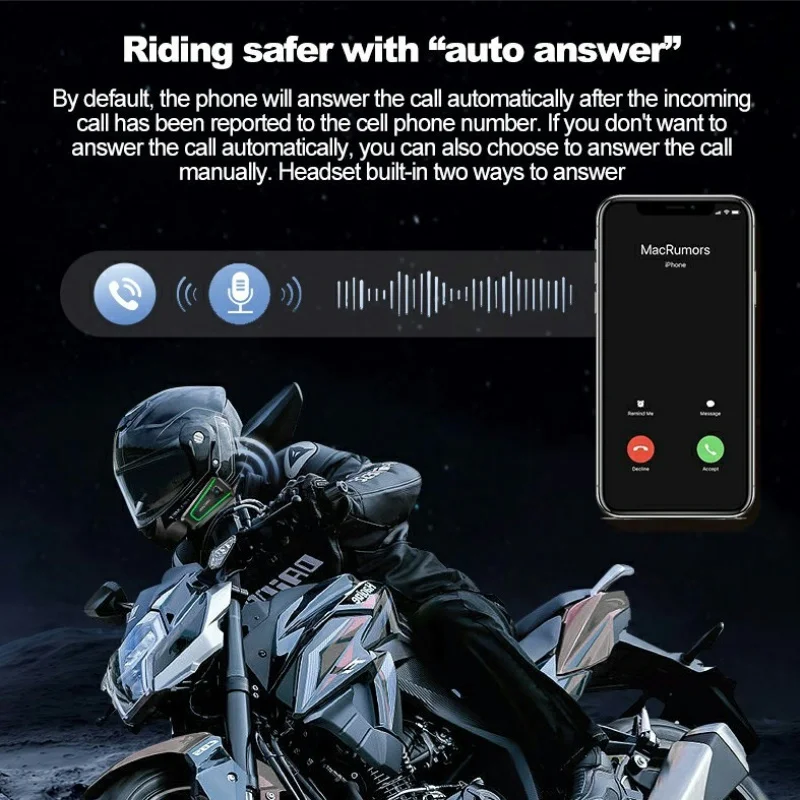 Bluetooth 5.3 Motorcycle Helmet Headset Hands-free Call Kit Waterproof Earphone MP3 Music Player Speaker With Ambient Light