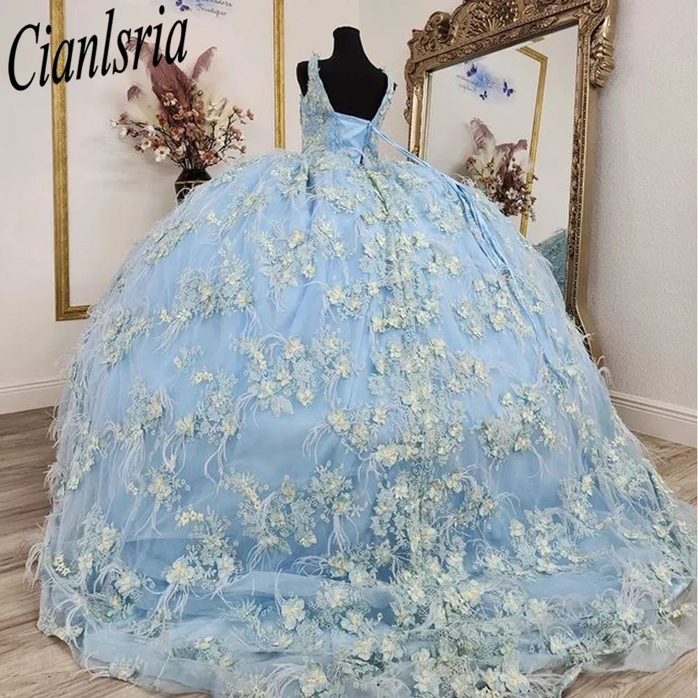 Vestidos de quinceañera azul cielo, Apliques de encaje con hombros descubiertos, cristales de cuentas, tul, vestido de baile de graduación hecho a medida, dulce 16 princesa