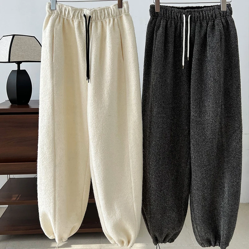 Pantalones gruesos de lana para mujer, ropa de cintura alta, elástica, cálida, informal, Otoño, 2024