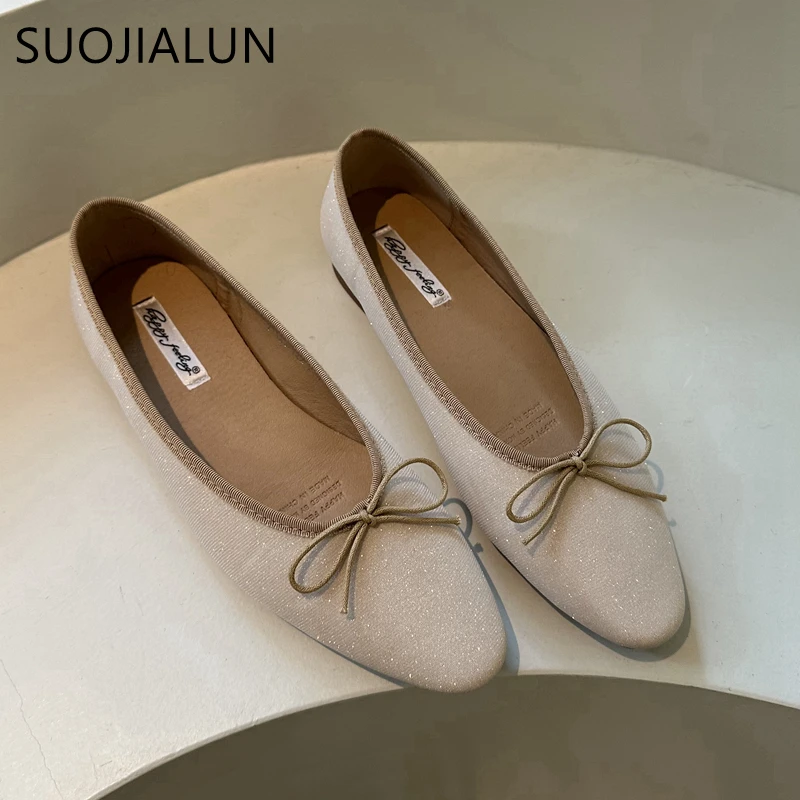 SUOJIALUN Spring New Brand Women Flat Shoes Fashion Round Toe Shallow Slip On  Ballerinas Shoes Soft Flat Heel Dress Ballet Shoe