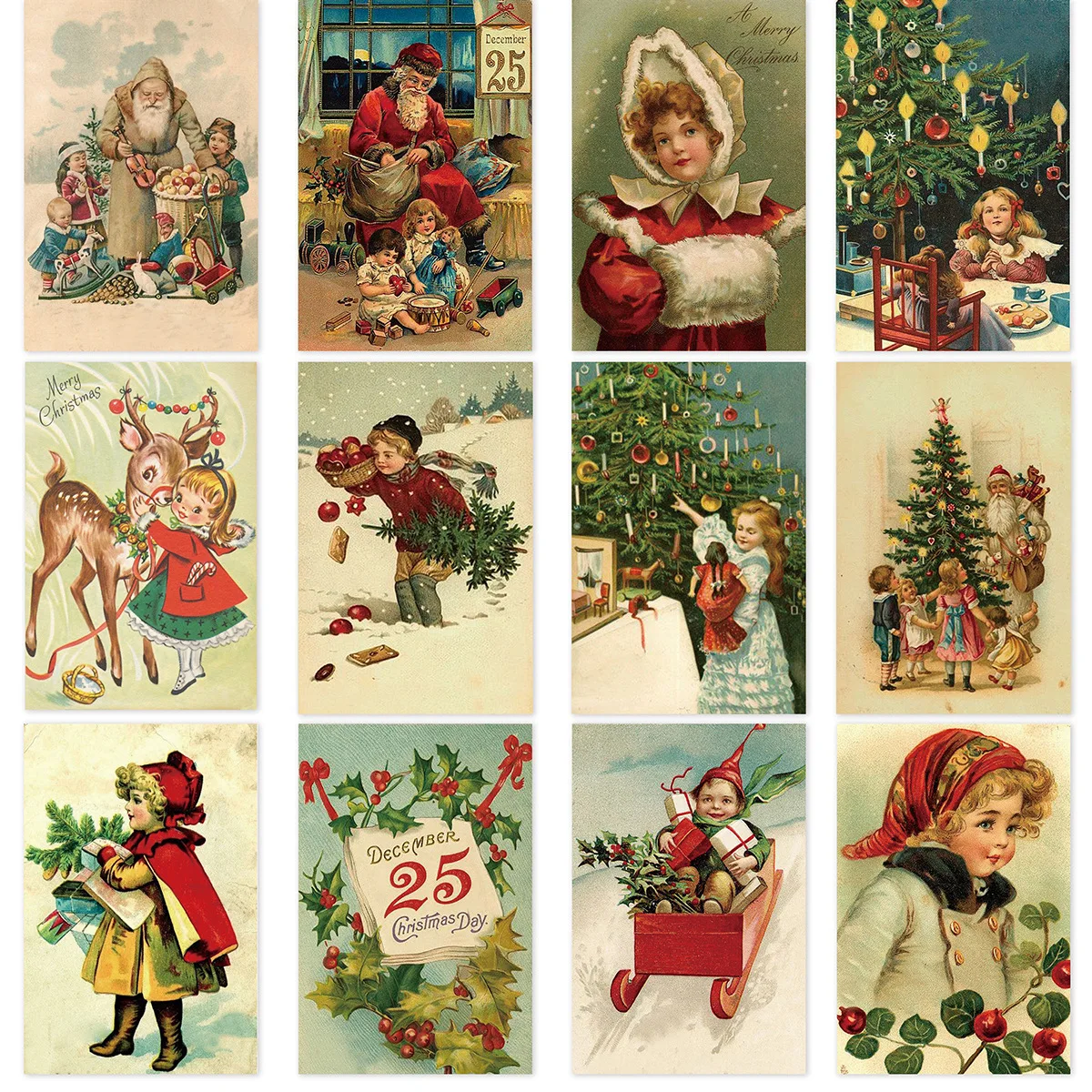 12 sztuk Vintage zestaw kartek z życzeniami świątecznymi Święty Mikołaj, łoś, zestaw pocztówek na choinkę, notatki mała kartka, idealny prezent na boże narodzenie w stylu vintage
