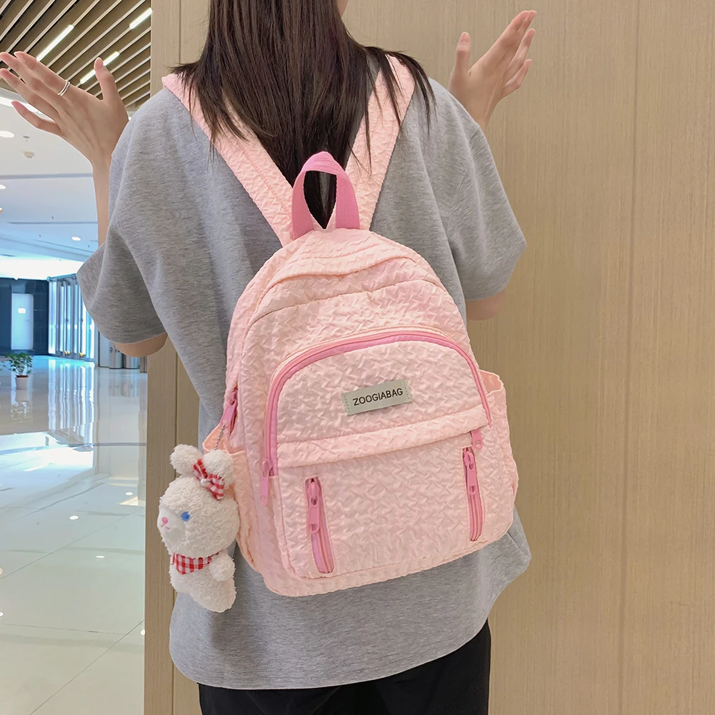 Students Backpack Solid Color Nylon School Handbag Multi-Pocket Folds Lightweight Scratch Resistant Adjustable Daily Leisure
