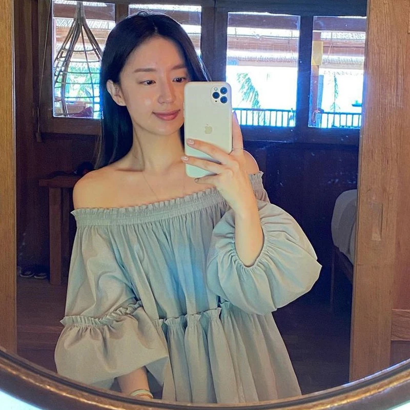 Chic Vaion Sle oulder Bared One-oulder Lantern Sve irt Women's Loose Fit Sweet Sle Pure Color Summer 2023