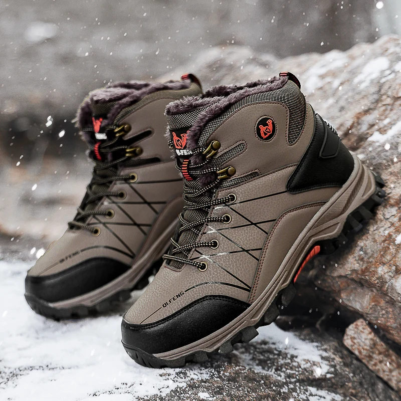 

Мужская походная обувь больших размеров, уличная повседневная нескользящая плюшевая теплая обувь со средним верхом, модные классические амортизирующие прогулочные ботинки на шнуровке