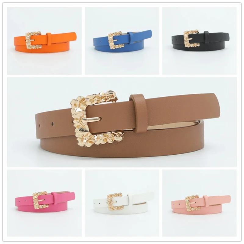 PU Leather Belt for Women Square Geometric Pin Buckle Candy Color Belts for Jeans Simple Luxury Brand Vintage Female Waistband