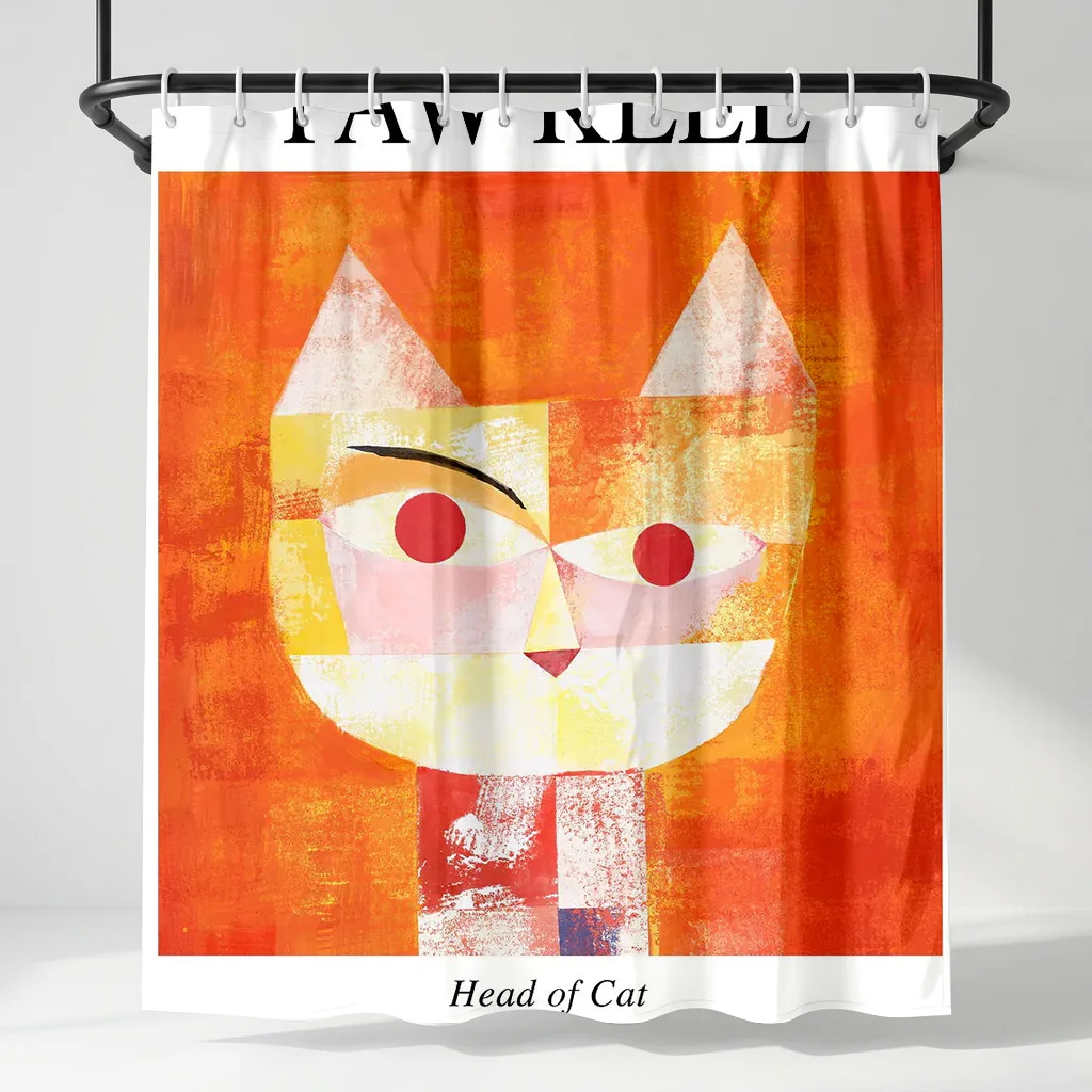 

Paul Klee Style Head of Cat Shower Curtain, Abstract Geometric Ginger Cat Art Bath Decor, Modern Artistic Bathroom Accessory