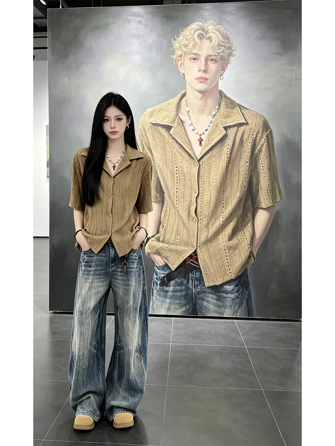 American Style Short Sleeve Cuban Collar Ice Silk Shirt Men's Summer Hollow out Breathable Loose Design Feeling Casual Shirt