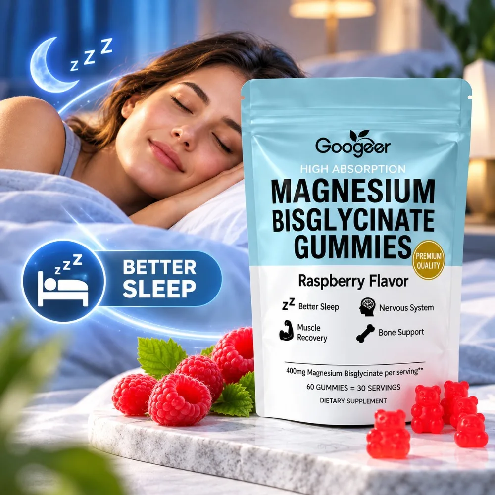 Magnesium Glycinate Gummies 400mg for Sleep & Calm, Muscle Relaxation & Bone Health with Vitamin D3 Zinc, Raspberry 60 Count