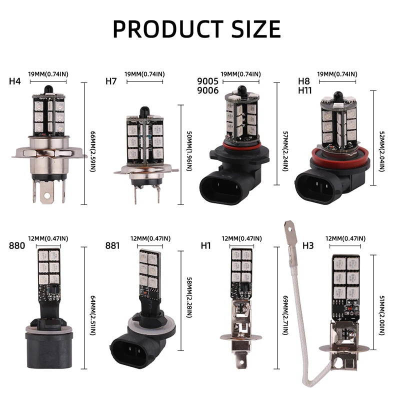 Luz de nevoeiro LED RGB com controle remoto para carro, H8, H1, H3, H7, LED 9005, luz de nevoeiro frontal, condução, luz de circulação, 5050, 2pcs