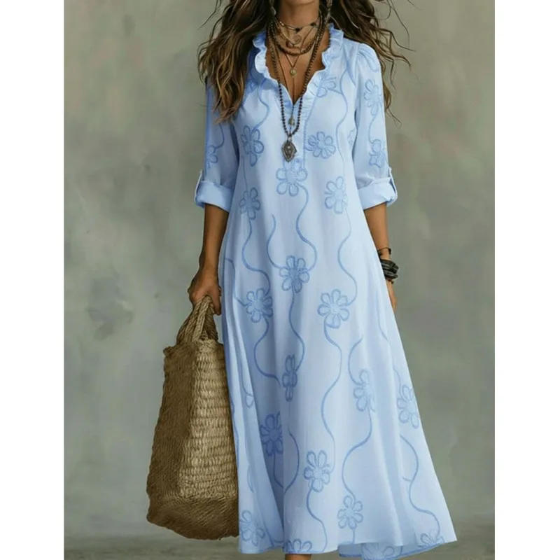 

Fashion Printed Versatile Dress Lace Ruffled V-neck Long-sleeved Women's Summer Resort Style Commuter Long Dresses Vestidos 2026