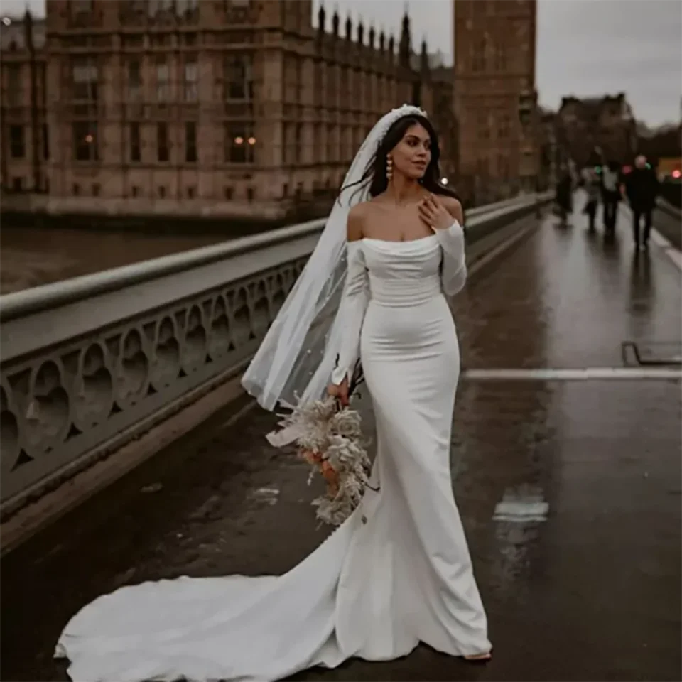 Abiti da sposa a sirena con scollo a barca splendidi personalizzati con spalle scoperte 2025 Illusion di volant con abiti da sposa in tulle con strascico di corte