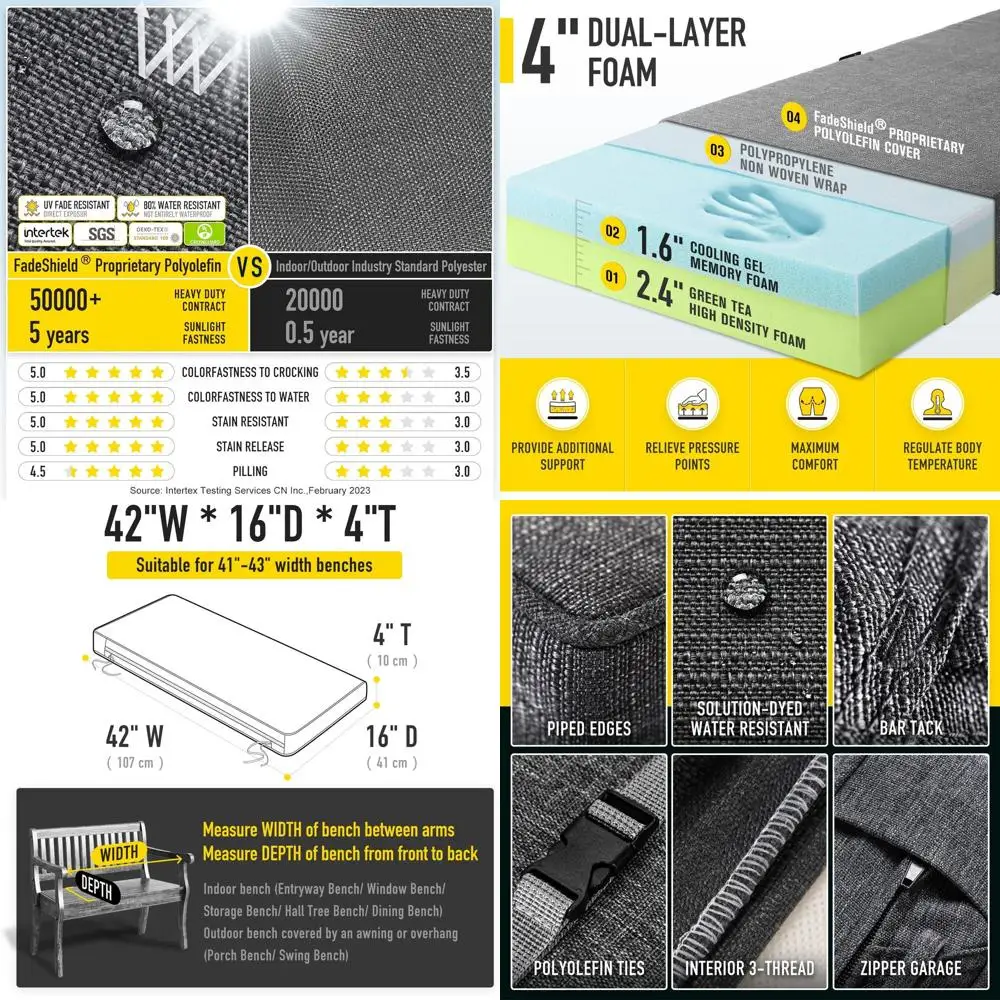 

Подушка для скамейки из пены с эффектом памяти и стяжками, прочная водостойкая универсальная подушка для сиденья на открытом воздухе/в помещении, 42x16x4 дюйма, полуночь