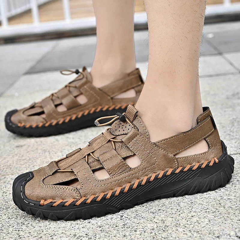 Summer Fashion New Handmade Cowhide Breathable Sandals Brand Outdoor Comfortable Leisure Sports Anti Slip Knitted Leather Shoes