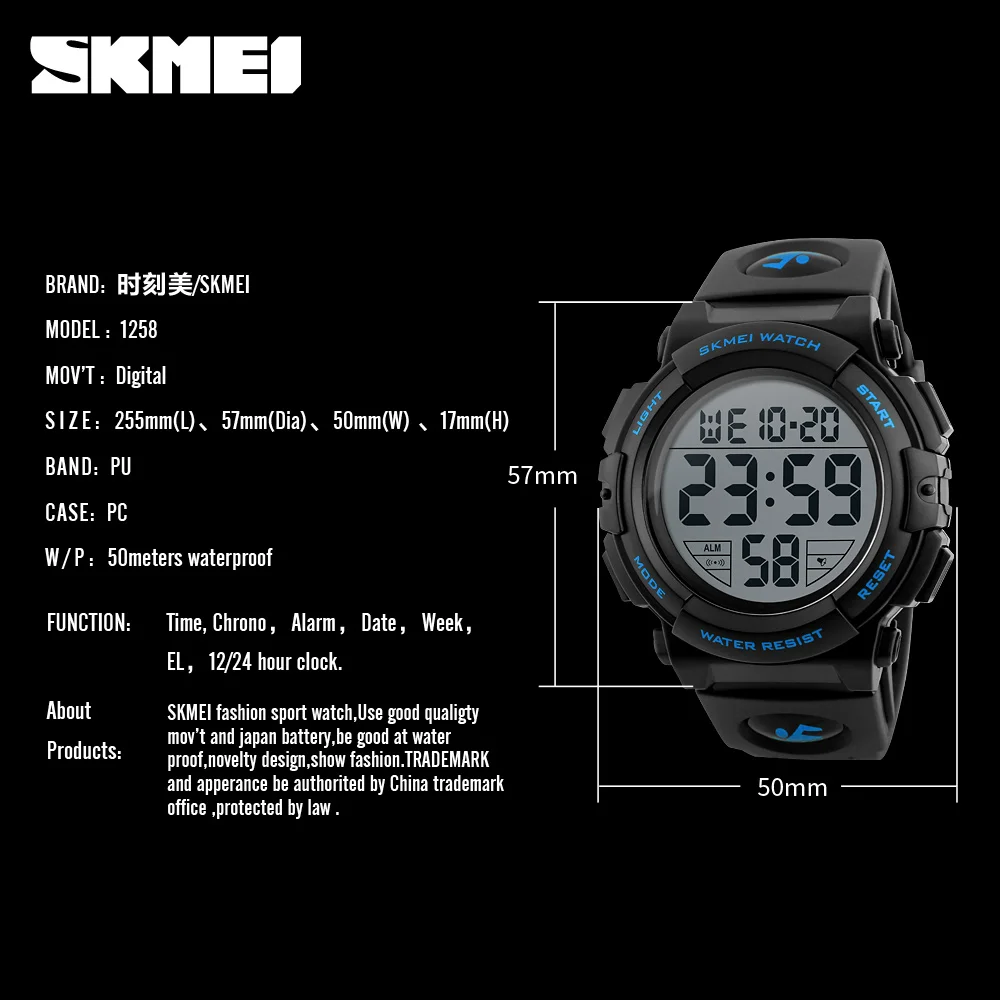 SKMEI 1258  Relogio Masculino Fashion Outdoor Sport Watch Men Multifunction Watches Military 5Bar Waterproof Digital Watch