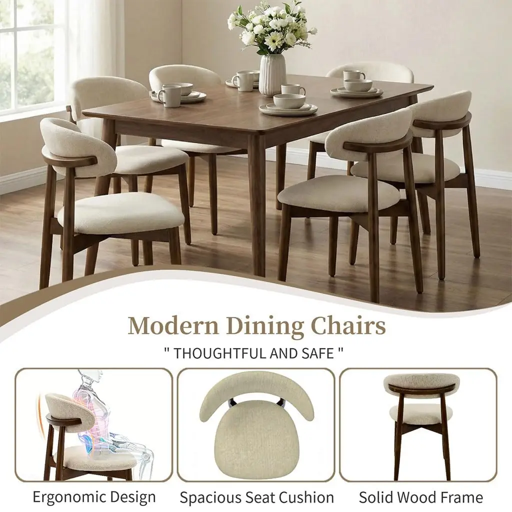 Set of 2 Mid-Century Modern Upholstered Dining Chairs with Wood Legs Beige Fabric, Curved Back, 300 lbs Capacity – for Dining Room & Farmhouse Decor