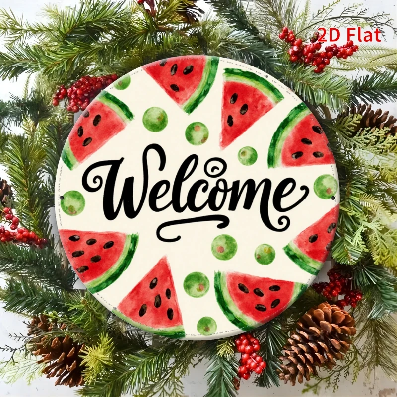 2D Flat Home Bar Restaurant Aluminum Wall Plaque Vintage Watermelon Welcome Pink Ladybug Cursive Round Wall Decor