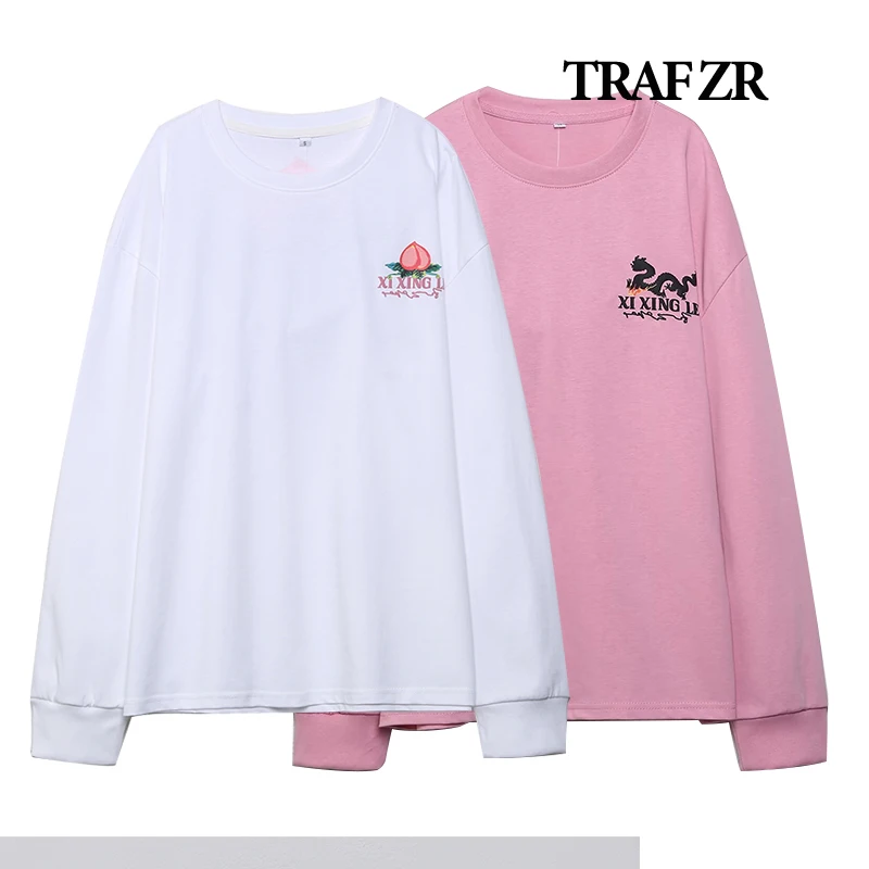 

TRAF ZR Sweatshirt Woman New in O Neck Long Sleeve Pullover Y2k Kpop White Pink Streetwear Harajuku Fashion Women Sweatshirts