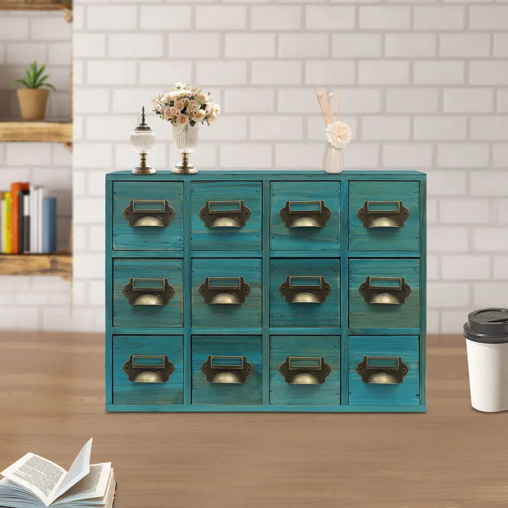 

12 Drawers Storage Cabinet Desktop Drawer Organizer Wooden Medicine Cabinet Blue