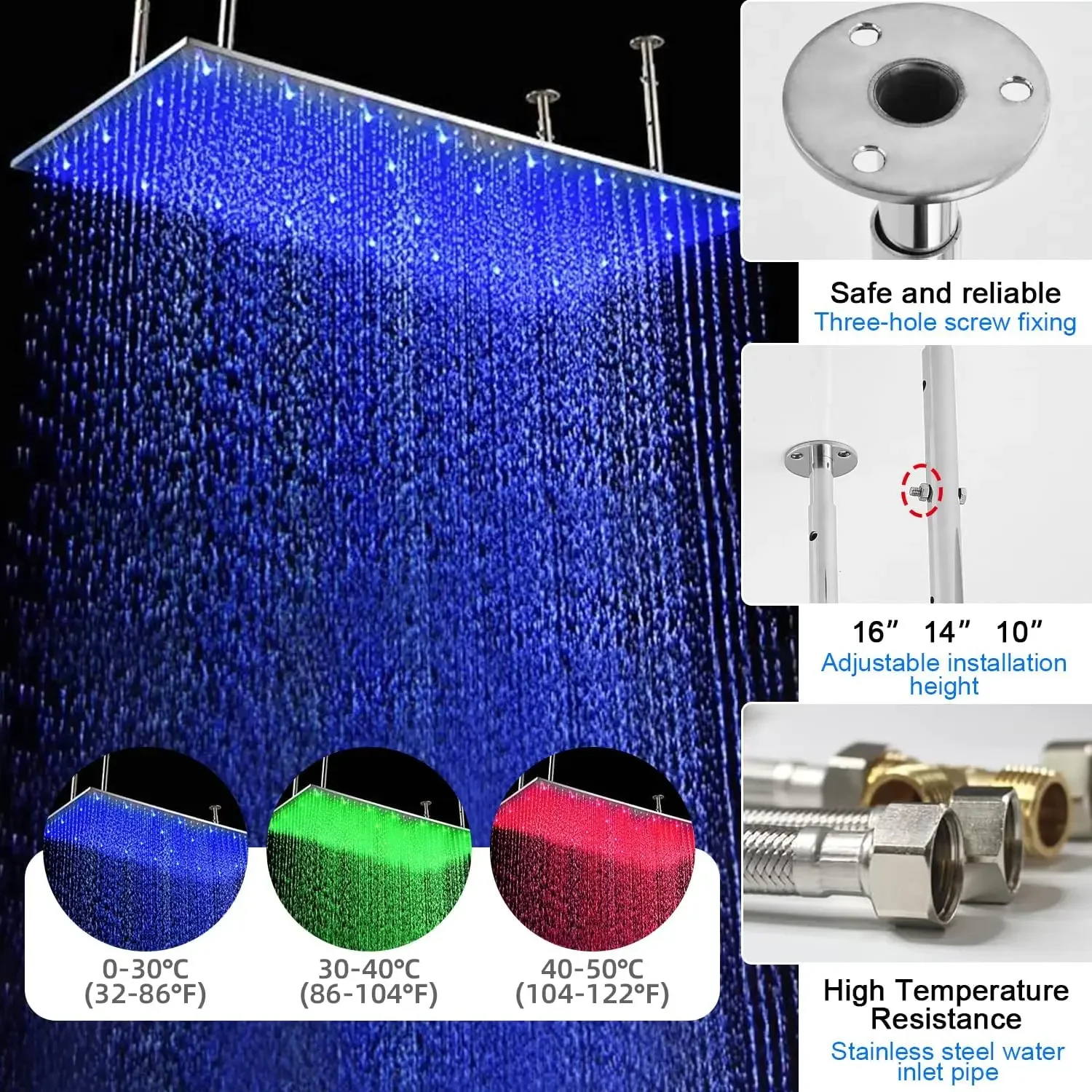 Chrome 20x40 Inch LED Large Thermostatic Shower System with Body Jets Ceiling Mount Rain Showerhead with Handheld Combo Set