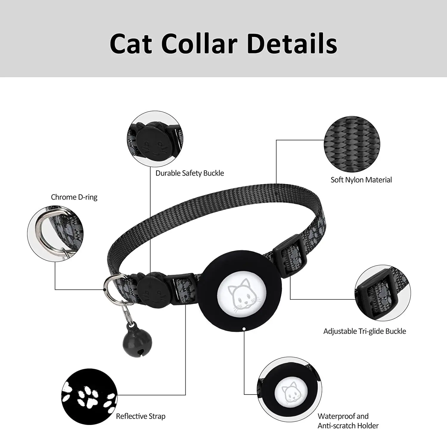 Pet Safety Reflective Collar Adjustable Footprint Print Pet Necklace With Bells For Airtag Cat Dog Accessories