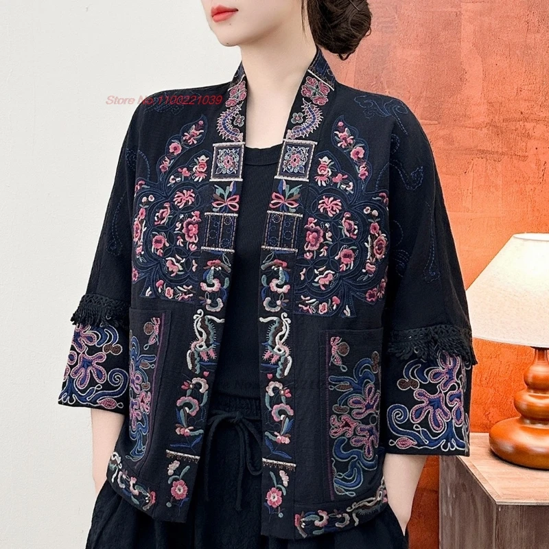 

2026 chinese traditional jacket national flower embroidery coat retro cotton linen jacquard kimono-style jacket folk cardigan