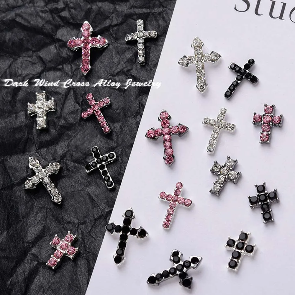 10Pcs Classic Full Glitter Rhinestones Cross Nail Art Charms 3D Punk Silver Diamond Cross Nail Decoration Luxury DIY Nail Parts