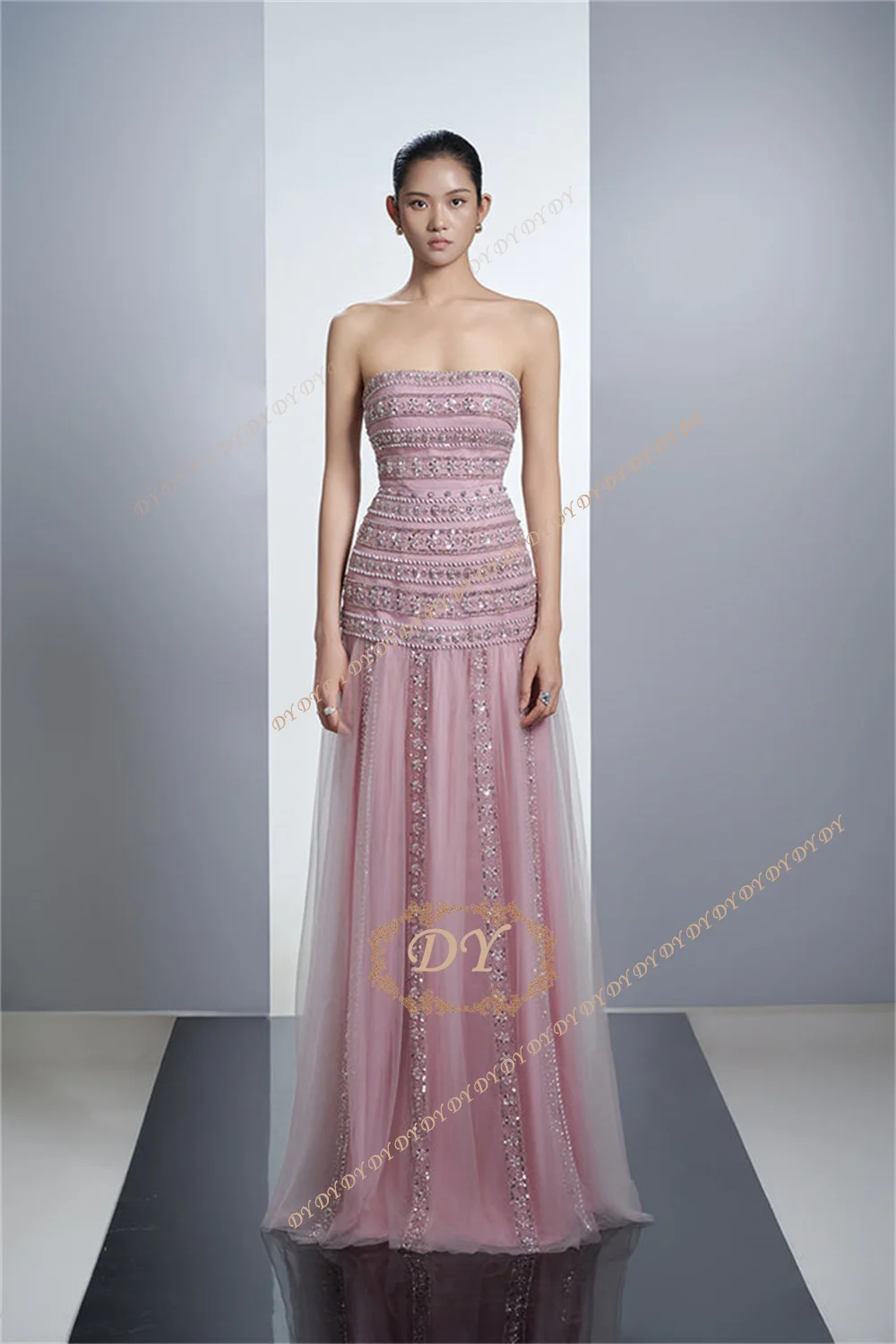 

DY Luxury Beaded Pink Prom Party Dress Strapless Soft Tulle Formal Evening Gowns Customized Floor Length فستان بيكو