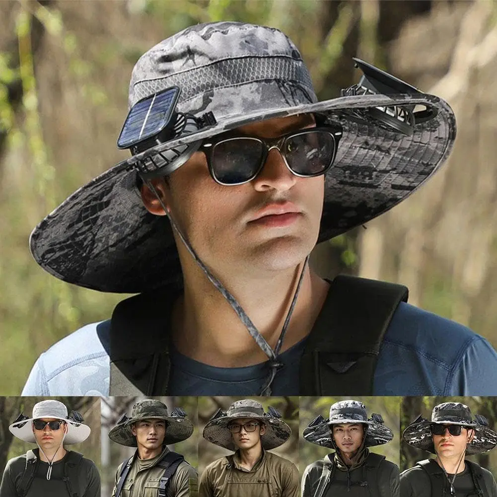 Sombrero de pesca con ventilador Solar de ala ancha para hombre, sombrero de sol con 2 ventiladores solares, protector Solar con ventilador Solar